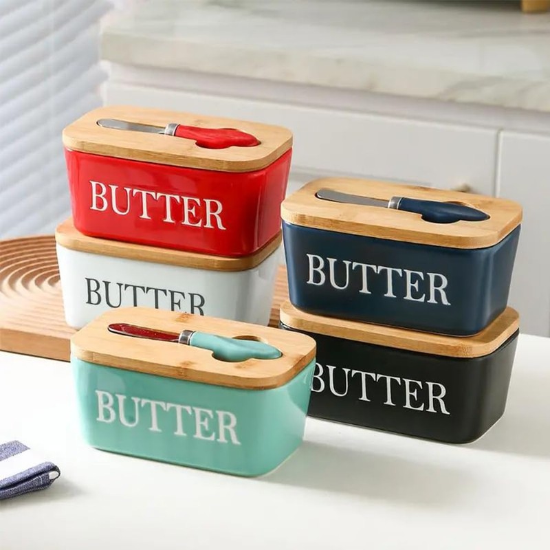 Domini Large Butter Dish,Ceramic Butter Dish with lid and knife,