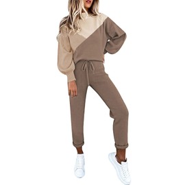 Fixmatti Sweatsuits for Women Set 2 Piece Colorblock Outfits Lantern Sleeve Sweatshirt and Pant Jogger Suit Khaki M