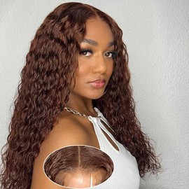 Wear and Go Glueless Wigs Human Hair Pre Plucked Pre Cut Chocolate Brown Lace Front Wigs for Black Women 180 Density Water Wave Wig Human Hair Colored Curly Wig (Chocolate Brown Color, 20 Inch)