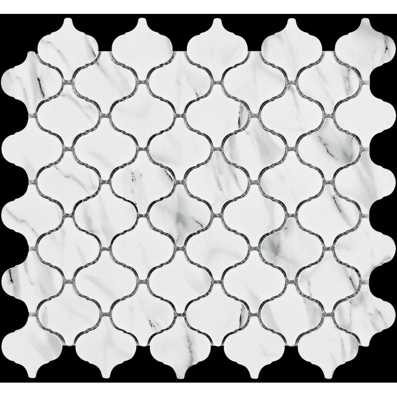 Recycled Glass Mosaic Tile: Arabesque Lantern Pattern, Carrara Marble Look,