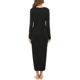 Sykooria Women's Long Cotton Striped Nightdress Dressing Gown Nursing Nightdress Sleepwear with Pockets S-XXL, A-Black