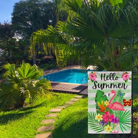 Hello Summer Garden Flag, Flamingo Tropical 12x18 Inch Butterfly & Flower Decorated Garden Flag - Perfect for Your Outdoor Hanging Decorations