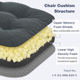 baibu Set of 4 Dining Chair Cushions, Dual-Layer Patent Design Memory Foam Kitchen Chair Cushions, Non-Slip Seat Pads with Ties, 16.5 x 16.5 x 3.5in, 4 Pack, Dark Grey