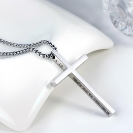MUERDOU Cross Necklace for Men Cross Pendant STRENGTH Bible Verse Stainless Steel Necklace Silver Box Chain