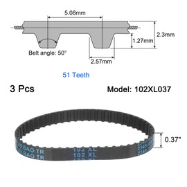 uxcell 3 Pcs 102XL 037 Timing Belt 51 Teeth Rubber Geared Cogged Belt, 0.37" Width, 0.20" Pitch Synchronous Timing Belt