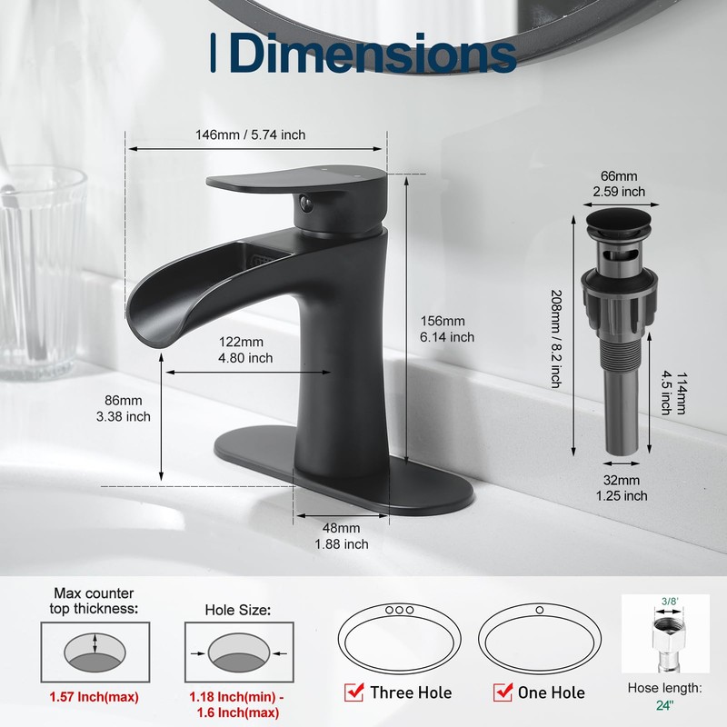 VOTON Waterfall Bathroom Faucet, Matte Black Modern Single Handle Bathroom