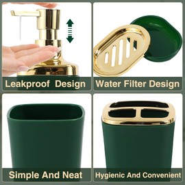 XLHOMO Bathroom Set Bathroom Accessories Set 8 Piece Green and Gold Bathroom Set, Bathroom Sets with Stainless Steel Trash Can,Toilet Brush,Toothbrush Set,Soap Dispenser