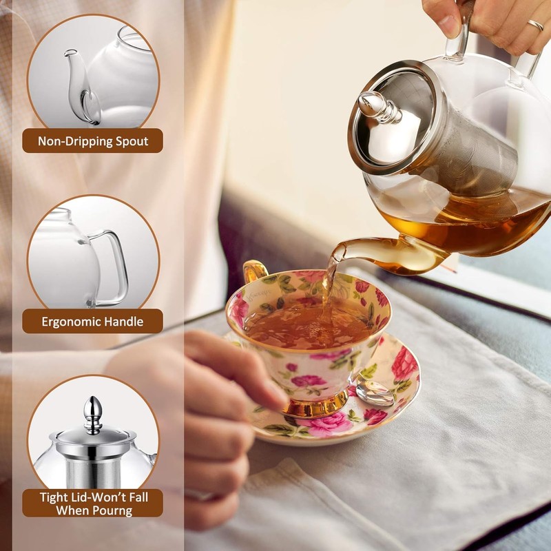 HIWARE 1500ml Glass Teapot with Removable Infuser, Stovetop Safe Tea