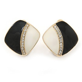 Clear Crystal Black/Cream Enamel Square Clip On Earrings In Gold Tone/20mm Tall