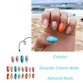 Summer Press on Nails Medium Almond Fake Nails with Sun Design French Tip Nails Press ons Acrylic Nails Sea Wave False Nails Glossy Glue on Nails Stick on Nails for Women Girls 24 Pcs