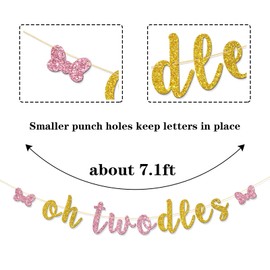Bow Oh Twodles Banner - Girl Kid 2nd Birthday Party Garland Supplies - Cartoon Mouse Birthday Banner - Happy 2nd Birthday Party Decorations - Gold Glitter