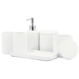 ZCCZ White Bathroom Accessories Set 6 Pieces - Toothbrush Holder, Lotion Dispenser, Qtip Container, Vanity Tray, Tumbler - Countertop Organizer for Bathrooms - Elegant and Functional Décor Set