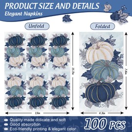 FYSUIMU 100Pcs Fall Guest Napkin Blue Pumpkin Leaves Disposable Paper Napkins Rustic Dinner Hand Napkin for Thanksgiving Harvest Bathroom Supplies