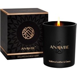 ANAWBE Mallorca Leather & Cherry Scented Candle, Classy Scented Candles for Men, Soy Candles for Home, Black Candles, Luxury Candle Vessel & Gift Box, 45-Hour Long-Burning, A Premium Men's Candle