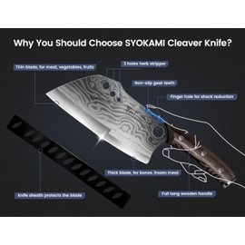 SYOKAMI Meat Cleaver Chef Knife with Sheath, 7.7 Inch Butcher Knife with Herb Stripper, Chopping Knife Heavy Duty Bone Cutting, Damascus Pattern Full Tang Wood Handle, Birthday Gift for Men