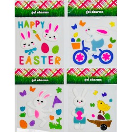 Easter Spring Window Clings Gel Decoration Pack: Colorful Bunnies, Eggs, Flowers, Butterflies, Chicks Assorted Variety (Pack 4)
