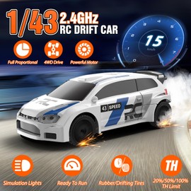 RC Drift Car, 1/43 Mini RC Drift Car with Gyroscope, 2.4GHz Full Proportional Remote Control Cars, 4WD High Speed Racing with Lights, Racing Tires, Model Cars Gift for Adults, Kids, Boys (White-LB)