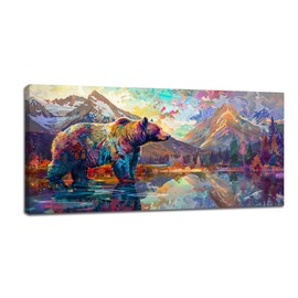 Bear Large Wall Art Bear Mountain Pictures Wall Decor Lake Landscape Canvas Painting Modern Artwork Home Decoration for Living Room Bathroom Bedroom Office Framed 60"x30"