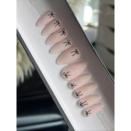 Handmade  CUSTOM Hard Gel Press On False Nails, Pink BOW 10p Set Medium Almond W Kit