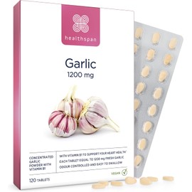 Healthspan Garlic 1,200mg – 120 Odour-Controlled Tablets | Heart & Respiratory Health Support | Maintains Normal Cholesterol Levels | With Added Vitamin B1 | Easy to Swallow | Vegetarian-Friendly Formula