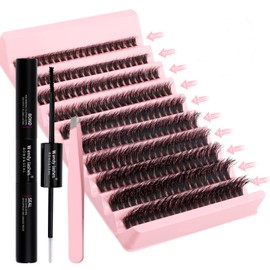 Eyelash Extension Kit Wispy Lash Clusters 3D Curl Soft and Comfortable Eyelashes Clusters Lash Bond and Seal Waterproof Tweezers for DIY Lash Extension Kit(60D-0.07-8-16Mix)