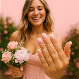 24Pcs Short French Tip Press On False Nails with Pink Floral Design, Glossy Full Cover Fake Nails Light Pink Floral Accents with White Details Nude Bloom for Manicure (Pink White flower)