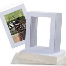 Acid Free 8x10 Pre-Cut Picture Mat Board Kit for 5x7 Photo, Includes 25 White Core Bevel Cut Mattes, 25 Backing Boards, 25 Crystal Clear Bags