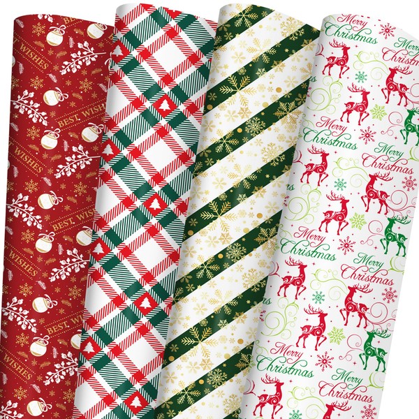 WAPLIGHAL Christmas Wrapping Paper for Men Women Kids - Holiday Gift Wrap with Green & Red Plaid, Reindeer, and Striped Snowflakes Design - 6 Floded Sheets, Each 29 x 42 Inches, Recycled, Easy to Store
