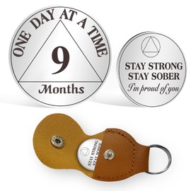 AtSKnSK 5 Months Sobriety Coin 1-12 Months Sobriety Coin AA Chip Locket for Women Men Recovery Gift for Alcoholics Anonymous with PU Leather Keyring (9 Months)