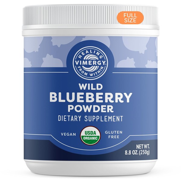 Vimergy USDA Organic Wild Blueberry Supplement Powder, 62 Servings – Natural Wild Blueberries - Fruit Powder for Smoothies, Juices, Fruit Bowls – Low-Bush, Non-GMO, Gluten-Free, Vegan, Paleo (250g)