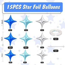 Blue Silver Star Balloons,15Pcs Silver Blue Star Foil Balloons,26/18/10 Inch Quadrangle Star Helium Mylar Balloons for Graduation Wedding Birthday Anniversary Baby Shower Party Decorations