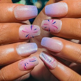Sethexy Coffin Press on Nail Short - Pink Firework, Purple Gradient, Cat Eye Design Acrylic False Nail for Women 15 Sizes - 30 Pcs Soft Gel Nail Kit with Glue