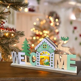 Wooden Christmas Decorations to Decorate, Christmas Ornaments Light Up LED Christmas Decorations, Christmas Decor Tabletop Letters Table Centerpiece Wood Xmas Scene Decoration Village Home Window (B)