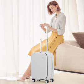 mixi Carry On Luggage, 20'' Suitcase with Front Laptop Pocket, Travel Rolling Luggage Aluminum Frame PC Hardside with Spinner Wheels & TSA Lock and Cover - Smoke White