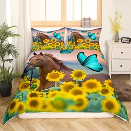 Horse Comforter Cover Yellow Sunflower Printed Bedding Set Twin Size Boys Girls Women 3D Wild Horse Duvet Cover Teal Butterfly Decor Bedspread Cowboys Western Farmhouse Rustic Theme Quilt Cover