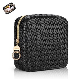 Playexen 5.5" Small Makeup Bag, PU Leather Mini Cosmetics Bag for Purse, Portable Small Travel Makeup Pouch with Ring Buckle (Black, Small Checkered)