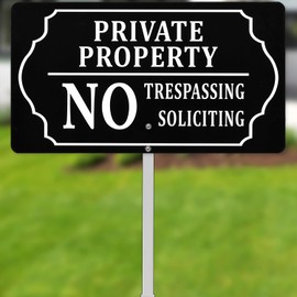 Kichwit Private Property Sign, 7 x 13 Inch/35 Inch High, No Soliciting No Trespassing Sign with Metal Stakes, Aluminum, Rectangular, Black