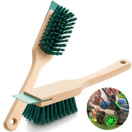 CroBlissful 2 Pcs Lawn Mower Stiff Bristle Brush with Scraper Scrubbing Brushes Heavy Duty Hard Bristle for Lawn Mower Deck Scraper Mower Cleaning Outdoor Boot Scrub Brush with Handle