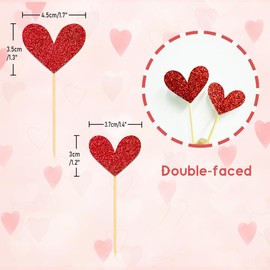 24Pcs Glitter Love Heart Cupcake Toppers for Valentine's Day Decorations, Love Heart Valentine's Day Cupcake Toppers for Wedding Bridal Shower Party Decorations (Red)