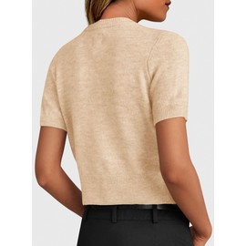 PRETTYGARDEN Womens Casual Summer Short Sleeve Cardigans 2025 Button Down Knitted Sweater Basic Crew Neck Crop Tops (Beige,Large)