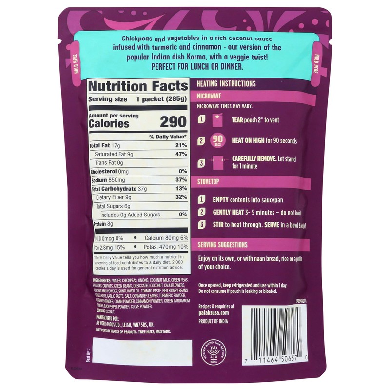 Patak's Chickpeas and Veggie Korma Ready To Heat Curry, 10.05