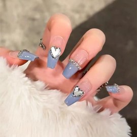 CEBOIC Stick-on nails, handmade French tip press on nails, 10 pieces hand-painted reusable artificial nails, pink blue with heart pendants for girls and women, 10 pieces nail studio set, complete