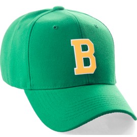 Classic Baseball Hat Custom A to Z Initial Team Letter, Green Cap White Gold Letter B