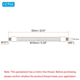 PATIKIL 23.6" Universal Gooseneck Hose, 2Pcs M10 to M8 Fine Thread Metal Positioning Hose Flexible Arm Tube Extension for Lamp, DIY Equipment, Silver Tone