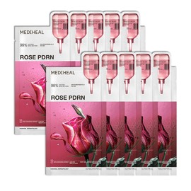 Mediheal Rose PDRN Essential Sheet Mask 10 pcs. 99% Pure White Rose PDRN & Hyaluronic Acid for hydrating, firming, and enhancing moisture barrier, skin firmness, and glow. Vegan formula.