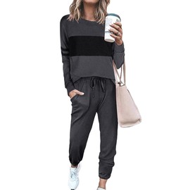 PRETTYGARDEN Women's Color Block 2 Piece 2025 Spring Tracksuit Crewneck Long Sleeve Tops Long Sweatpants Outfits Lounge Sets(Dark Grey,X-Large)