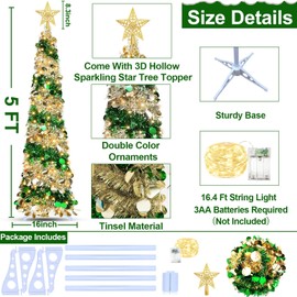 5FT 50-Light Pop-Up Prelit Slim Christmas Tree with Timer, Sequins, and Battery for Indoor Holiday Decor