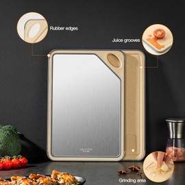 MAXCOOK Double Sided Stainless Steel Cutting Board Large Wheat Straw PP Cutting Board for Meat Dishwasher Safe 18.8 * 11 Inch