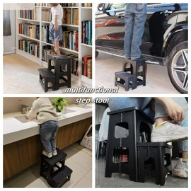 Folding 2-Step Stool, Non-Slip Collapsible Step stools for Kids & Adults, Multipurpose Bedside Ladder Footstool, Holds 330 lbs, Portable Step Stools for Kitchen Home Toilet Bedroom Office RV, Black