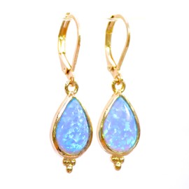 Blue opal teardrop gold dangle earrings for women, leverback earrings, 14k gold plating opal earrings (created-opal (blue))